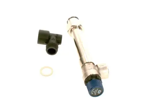 BOSCH Sicherheitsventil aus Metall mit einem Anschluss und einem drehbaren blauen Deckel. Enthalten ist ein schwarzes Kunststoffteil und eine Dichtung.
